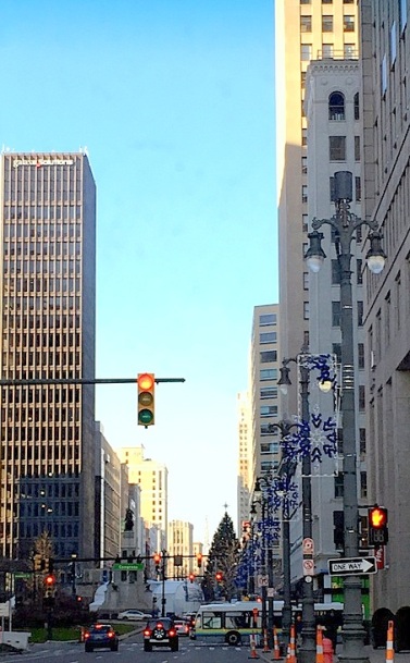 Driving up Woodward Ave. toward Campus Martius and The Tree, ice rink, carriage rides...all in The D!