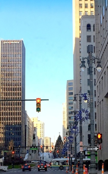 Driving up Woodward Ave. toward Campus Martius and The Tree, ice rink, carriage rides...all in The D!